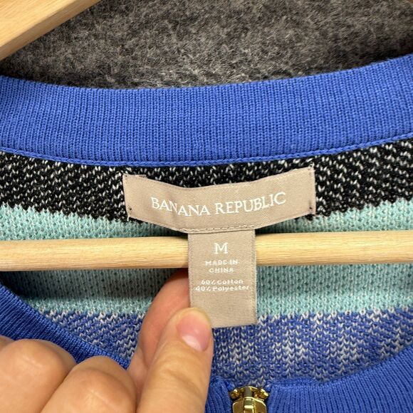 Banana Republic Full Zip Sweater Women M Medium Blue Striped Knit Cotton Casual - Picture 6 of 7